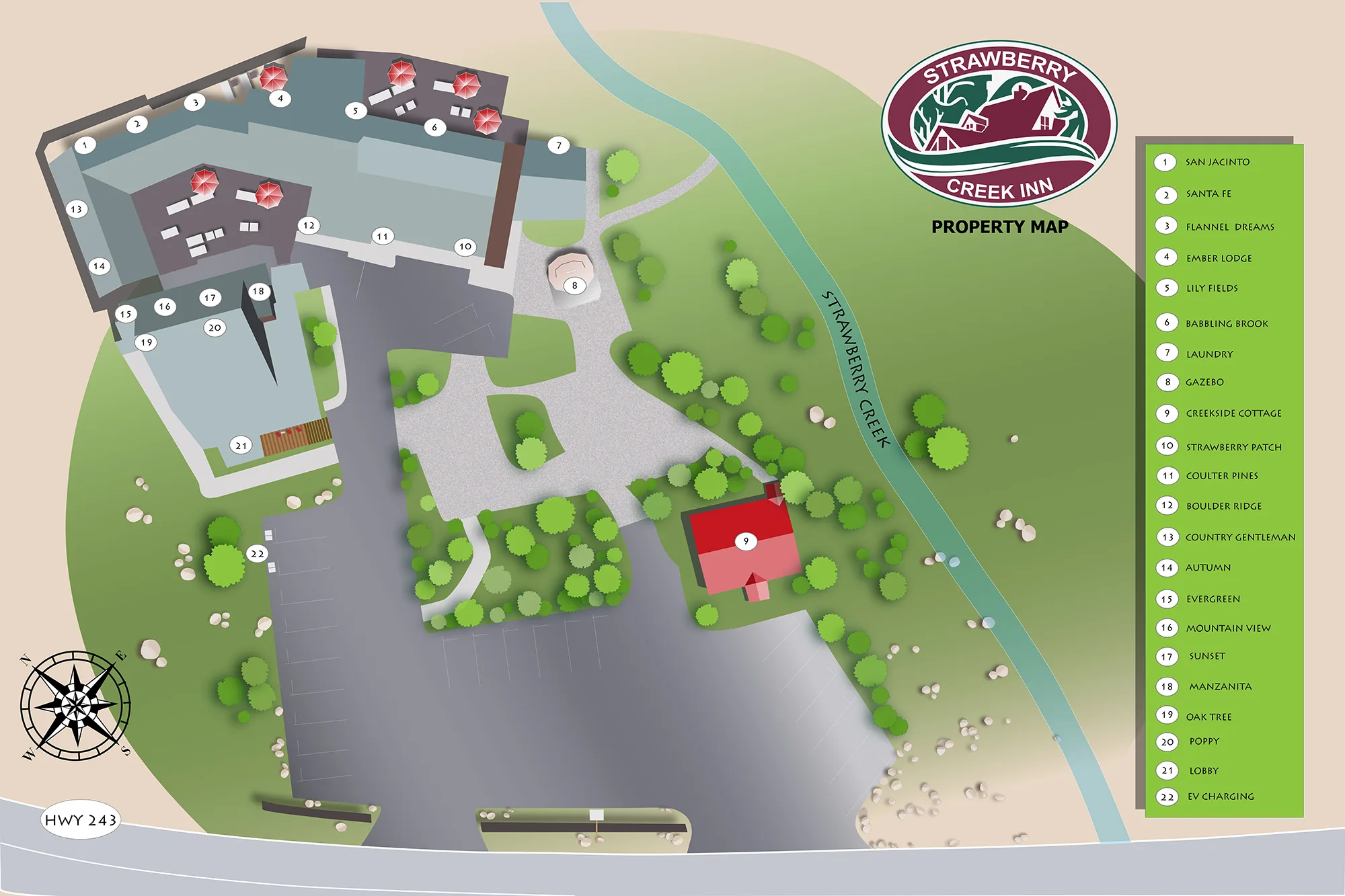 Illustrated map of Strawberry Creek Inn: the numbered rooms in the main house and cabins, the creek along the east side, Highway 243 below